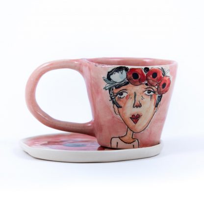 flower lady on pink pottery espresso cup