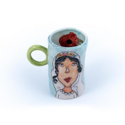 flower lady portrait hand painted on ceramic coffee cup