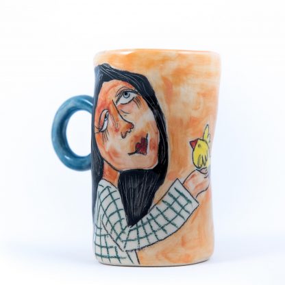 gilr portrait hand painted by Eugenia Gerontara on handmade ceramic cup