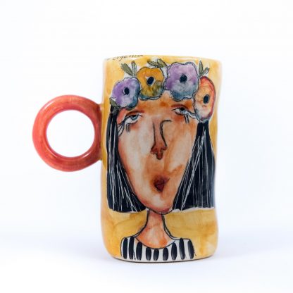 handmade ceramic cup with hand painted portrait of a flower lady