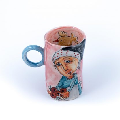 old flower lady handmade ceramic cup