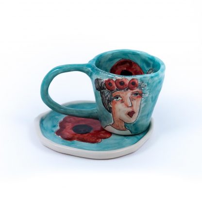 poppy lady on blue handmade ceramic espresso cup