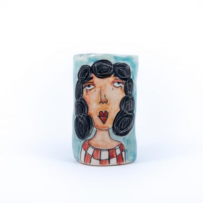 woman hand painted portrait on pottery wine glass