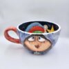 XL handmade ceramic cup with hand painted cartoon named Miss Art and colorful painting inside.