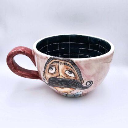 XL handmade ceramic cup with hand painted portrait and colorful painting inside.