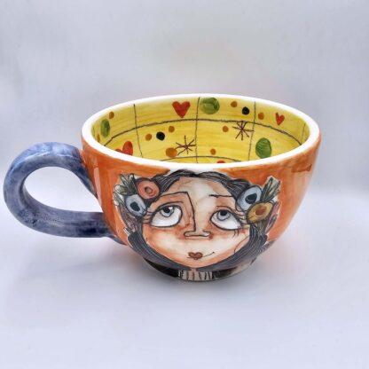 XL handmade ceramic cup with hand painted portrait and colorful painting inside.