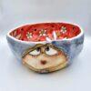 Handmade ceramic salad bowl with hand painted cartoon named Miss Art and colorful painting inside.