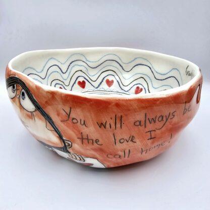 Handmade ceramic salad bowl with hand painted cartoon named Miss Art and colorful painting inside.