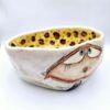 Handmade ceramic salad bowl with hand painted cartoon named Miss Art and colorful painting inside.