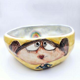 Rainbow Handmade ceramic salad bowl with hand painted cartoon named Miss Art and colorful painting inside.