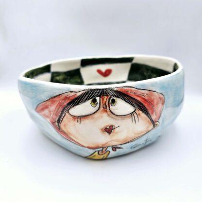 Checkerboard Handmade ceramic salad bowl with hand painted cartoon named Miss Art and colorful painting inside.