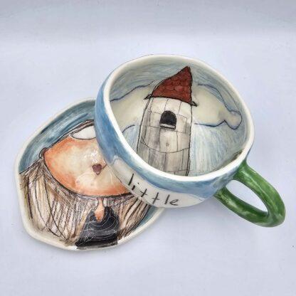 Colorful tea cup, handmade with stoneware clay and hand painted with food safe glaze