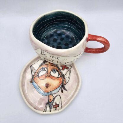 Colorful tea cup, handmade with stoneware clay and hand painted with food safe glaze