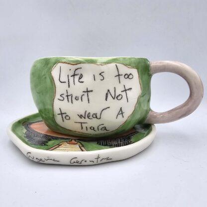 Cheerful motivational tea cup with plate, handmade and hand painted