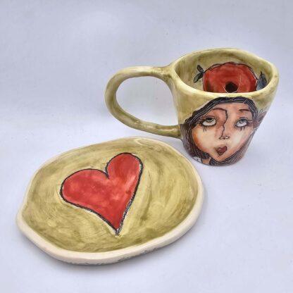 One of a kind ceramic espresso cup with handle and saucer