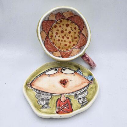 One of a kind ceramic tea cup with handle and saucer
