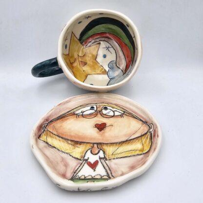 Cute stoneware tea cup with handle and plate