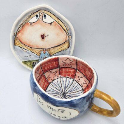 Handmade pottery tea cup with handle and saucer 250 ml / 8,5 oz
