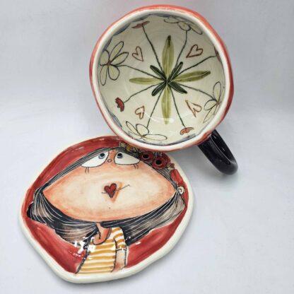 Handmade pottery tea cup with handle and saucer 250 ml / 8,5 oz