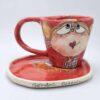 Hand painted espresso cup with handle and saucer, handmade pottery