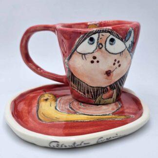 Hand painted espresso cup with handle and saucer, handmade pottery