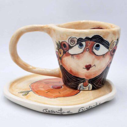 Hand painted espresso cup with handle and saucer, handmade pottery