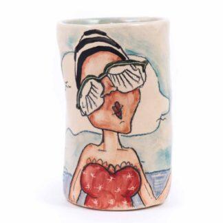 One of a kind drinking cup, handmade stoneware hand painted pottery glass
