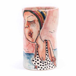 One of a kind drinking cup, handmade stoneware hand painted pottery glass