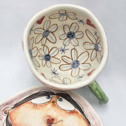 One of a kind stoneware tea cup with plate